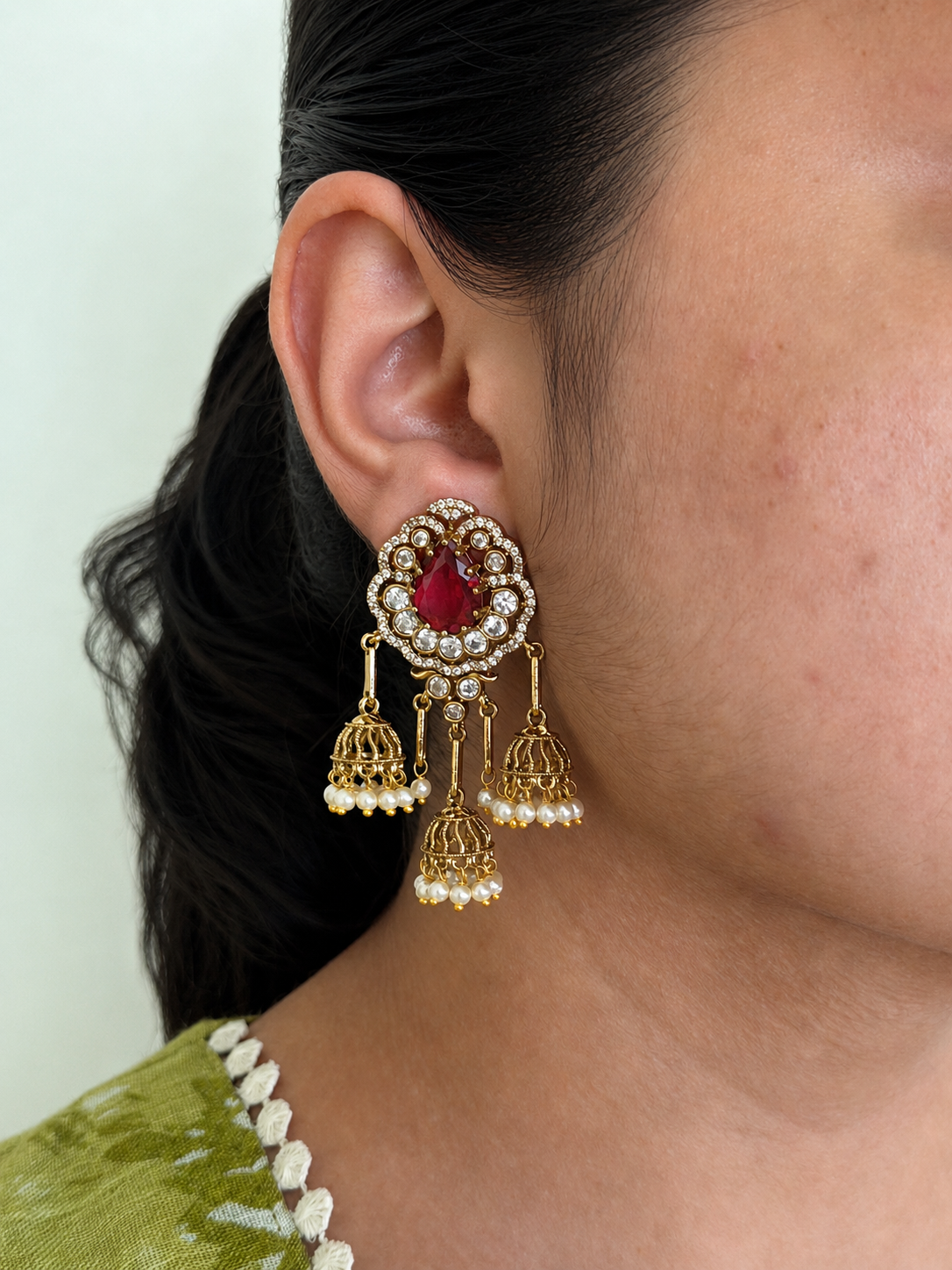 Ruby Green Statement Jhumka Dangler Earrings