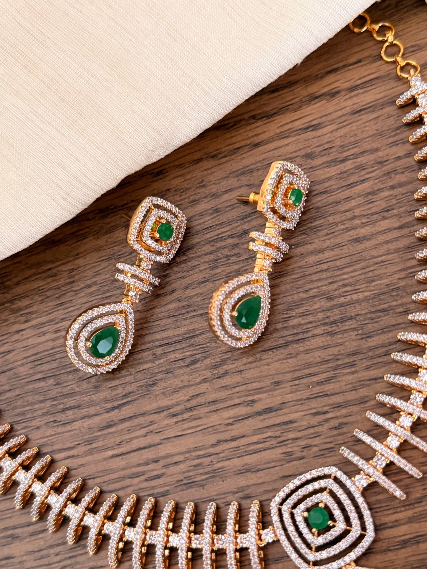 Designer Geometric CZ Diamond Necklace Set with Emerald Accents