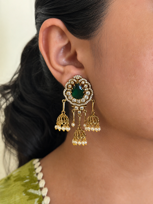 Ruby Green Statement Jhumka Dangler Earrings