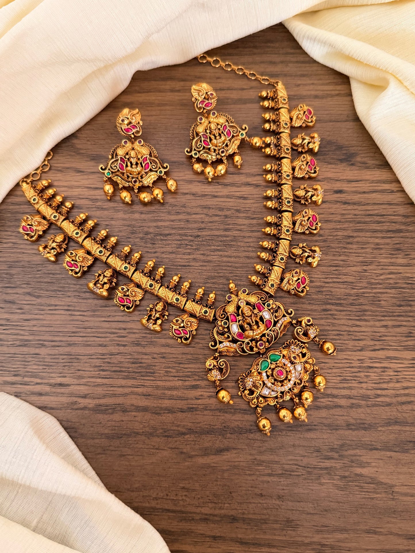 Antique Jadau Kundan Lakshmi Temple Jewelry Set | Handcrafted Nakas Necklace with Matching Jhumka Earrings