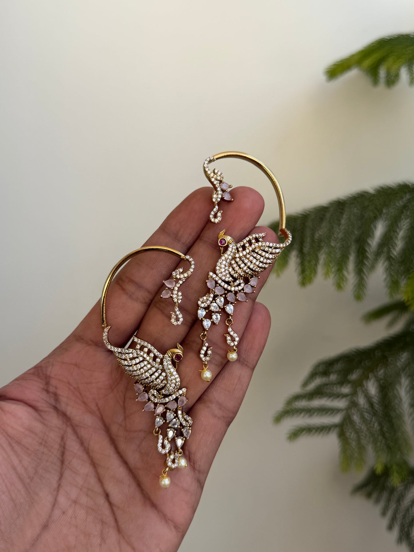 Majestic Bird Statement Ear Cuffs | Crystal Pave & Pearl Bridal Earrings
