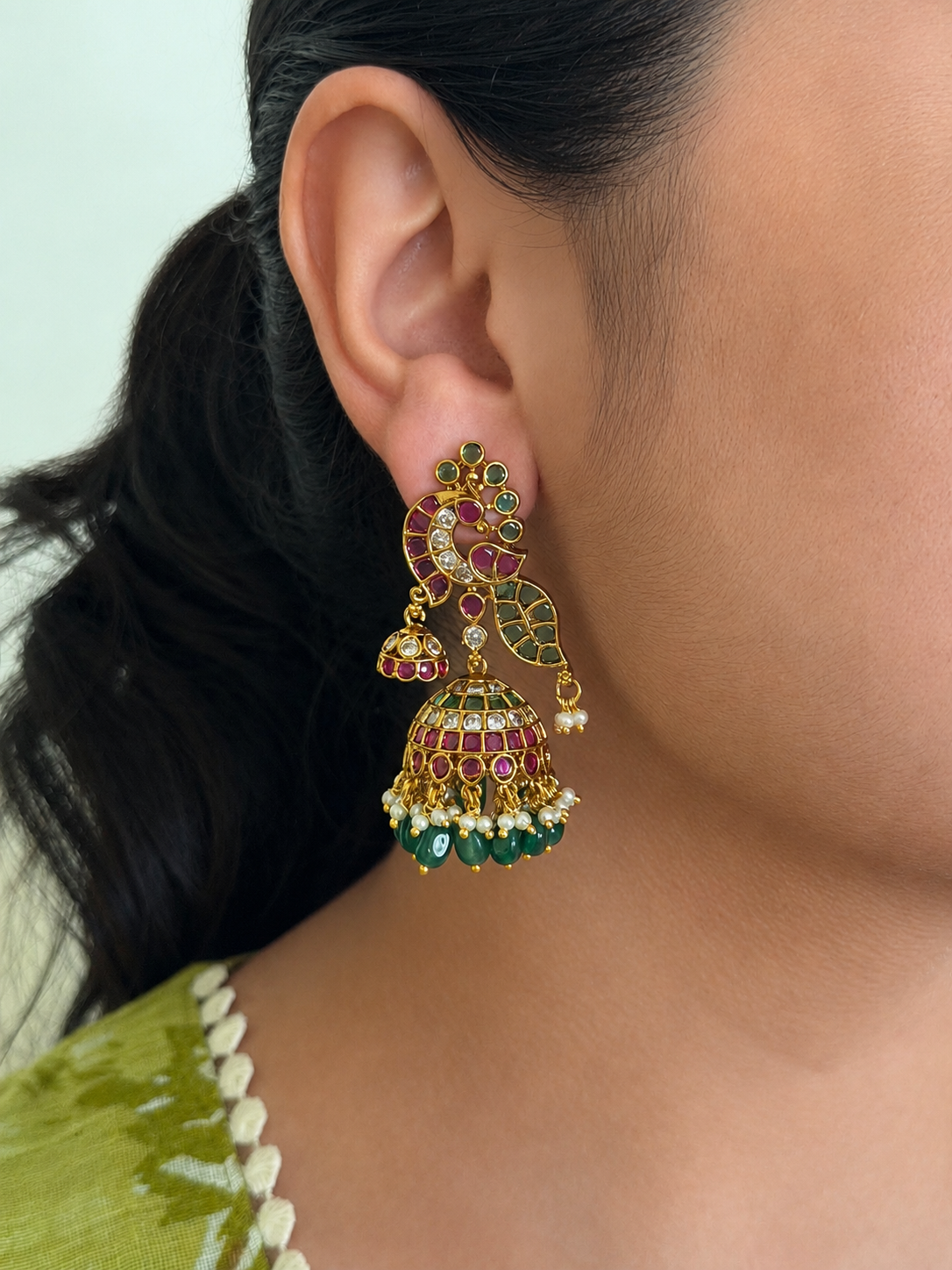 Ruby Green Pearl Peacock Jhumka Earrings