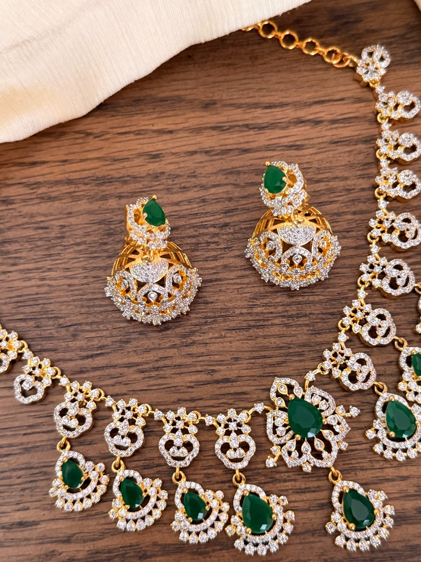 Ornate Emerald & CZ Diamond Necklace Set with Traditional Jhumka Earrings