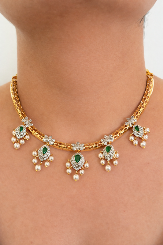 Dual Tone AD Emerald & Pearl Kanti Necklace Set