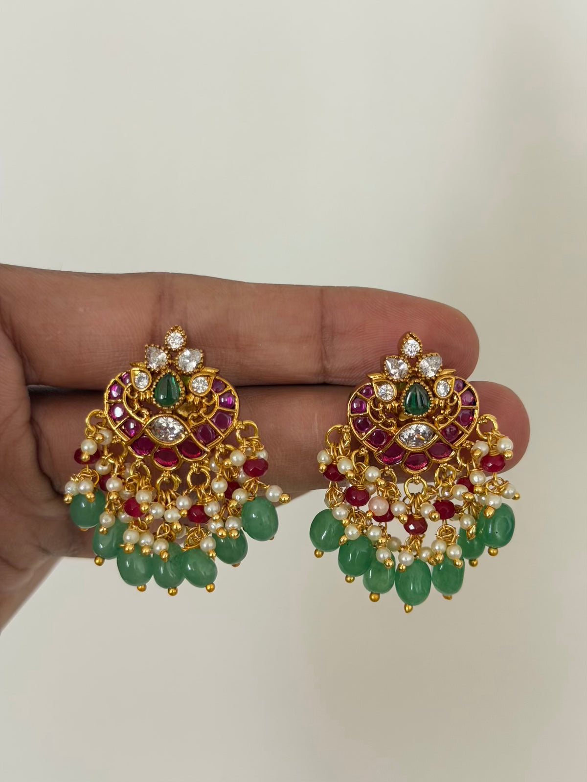 Peacock Ruby Stud Earrings with Marquise CZ and Mint Green Bead Cluster Drops