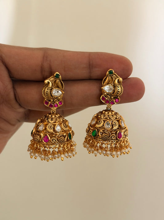 Golden Bell Jhumka Earrings with Pearl Drops