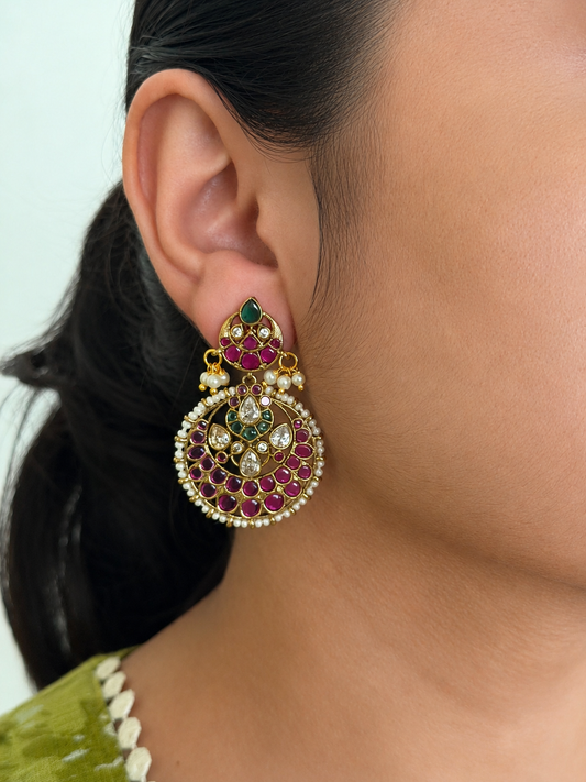 Ruby Green Round Kundan Chandbali Earrings