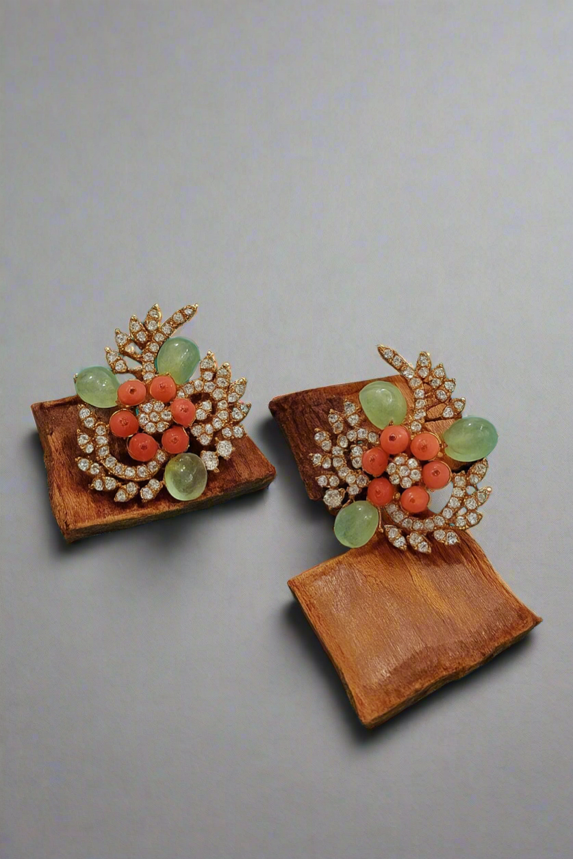Turkish Floral Statement Earrings – Coral & Jade Bead Accents with CZ Detailing
