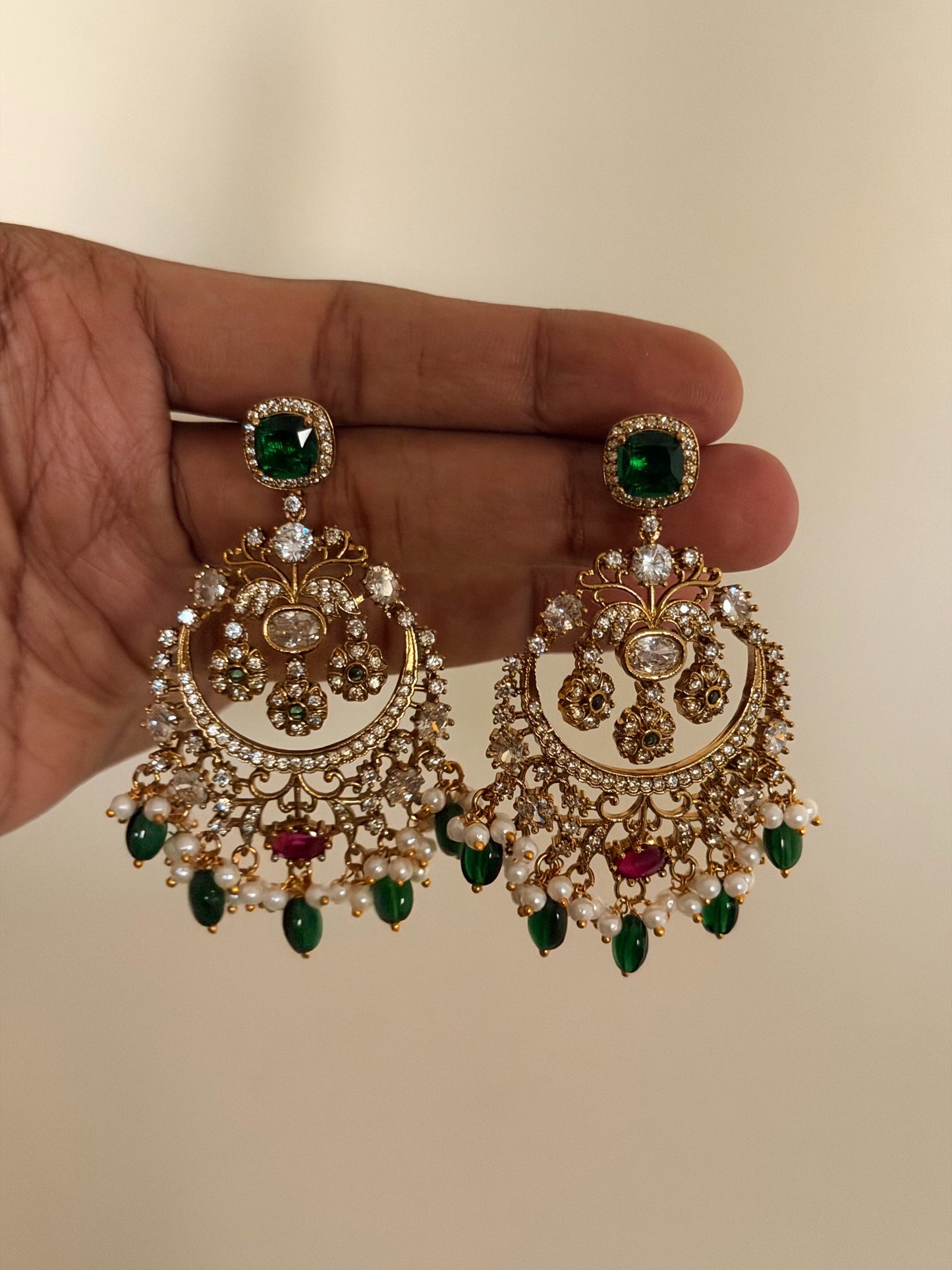 Moissanite Chaandbali Earrings with Pearls & Green Monalisa Beads