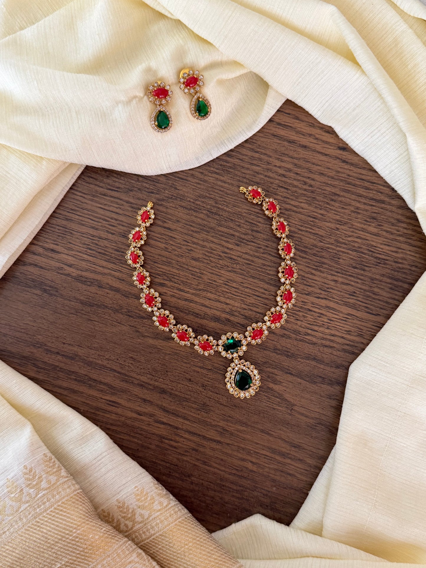 Grandeur Ruby & Emerald Sparkle Necklace Set - Traditional Temple Jewellery Inspired