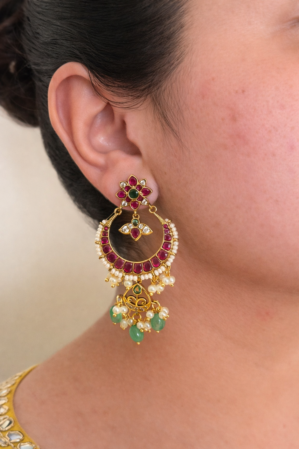 Ruby Kemp Chandbali with Emerald Drops