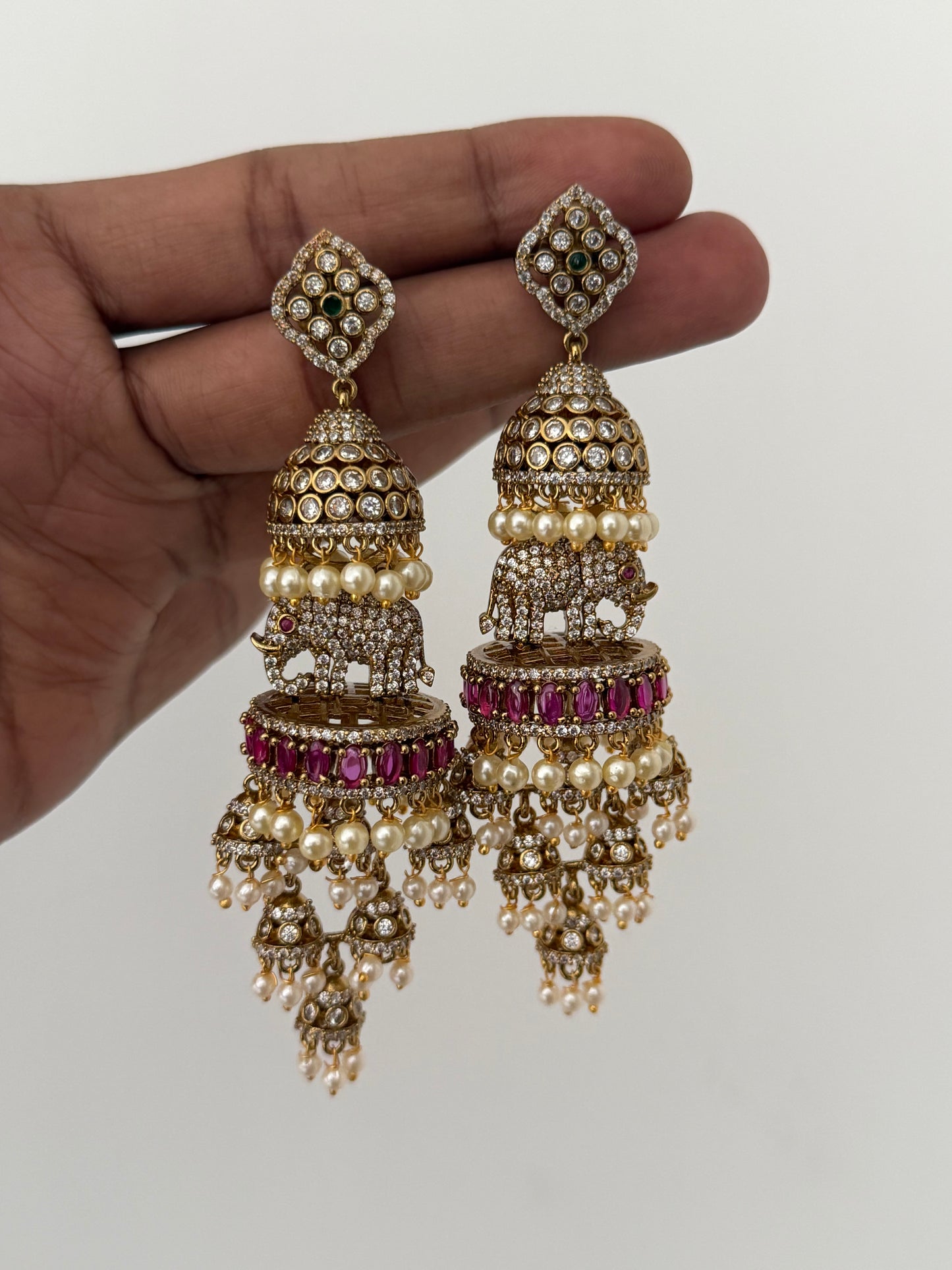 Royal Elephant Multi-Tier Jhumka Earrings – Premium Lightweight Grandeur with Emerald & Pearl Drops