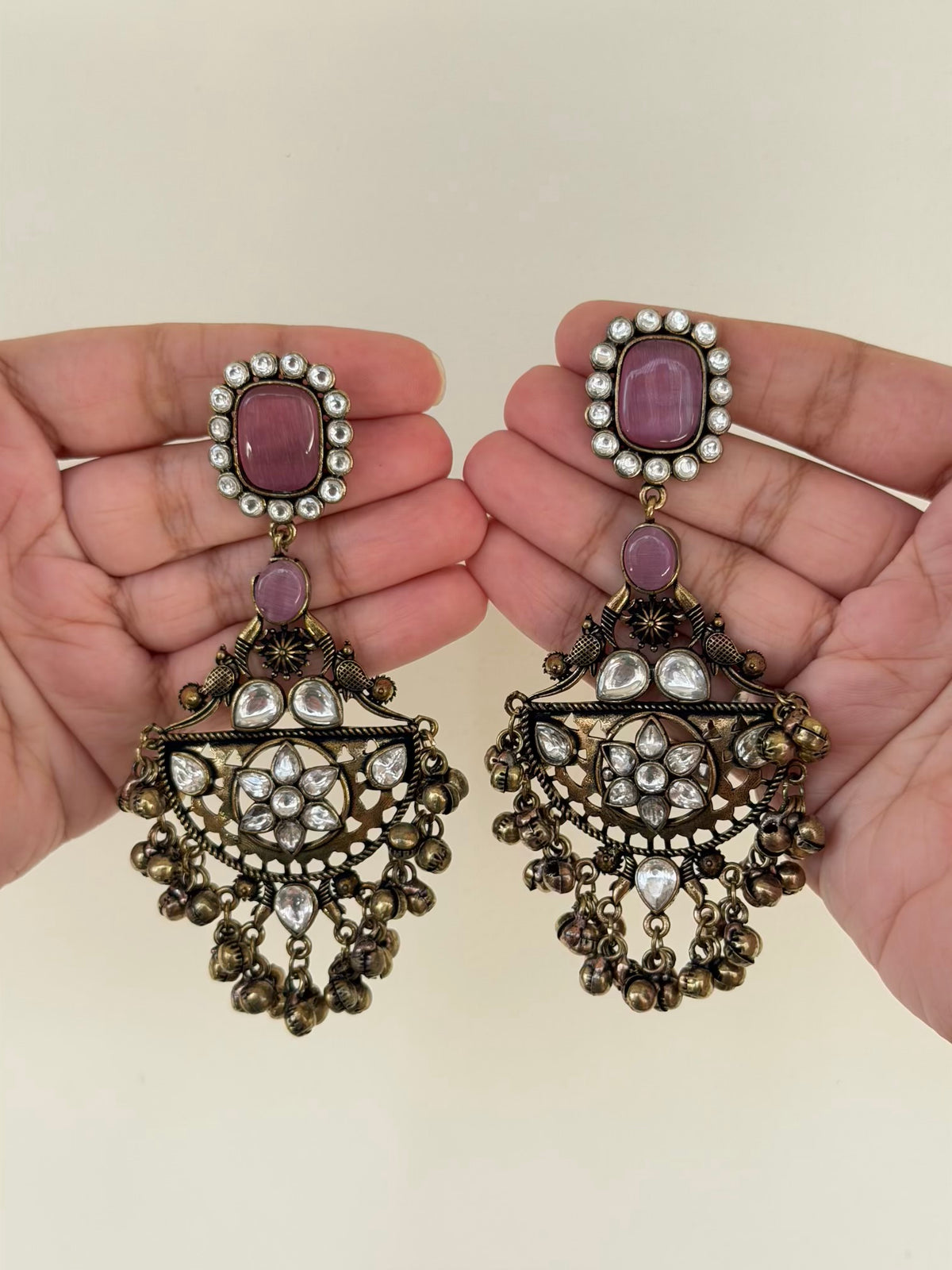 Half-Moon Kundan Star Chaandbali Earrings with Stone Stud and Ghungroo Drops