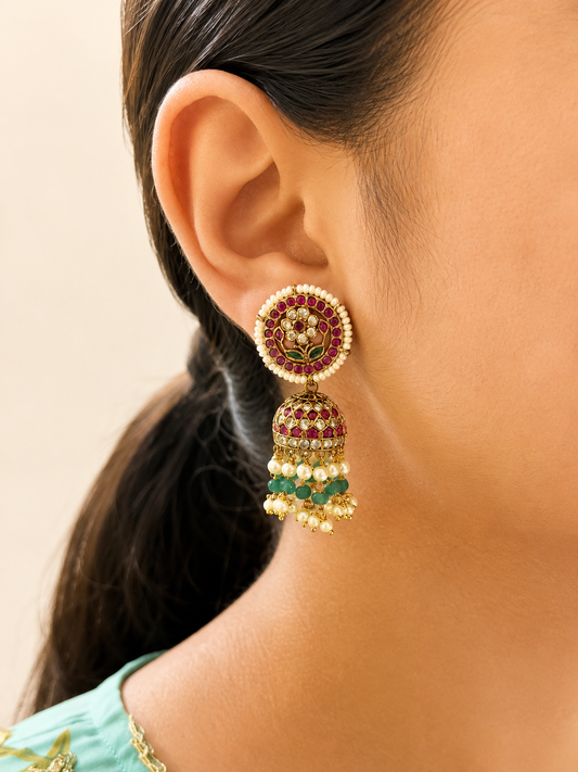 Floral CZ Jhumka Drop Earrings