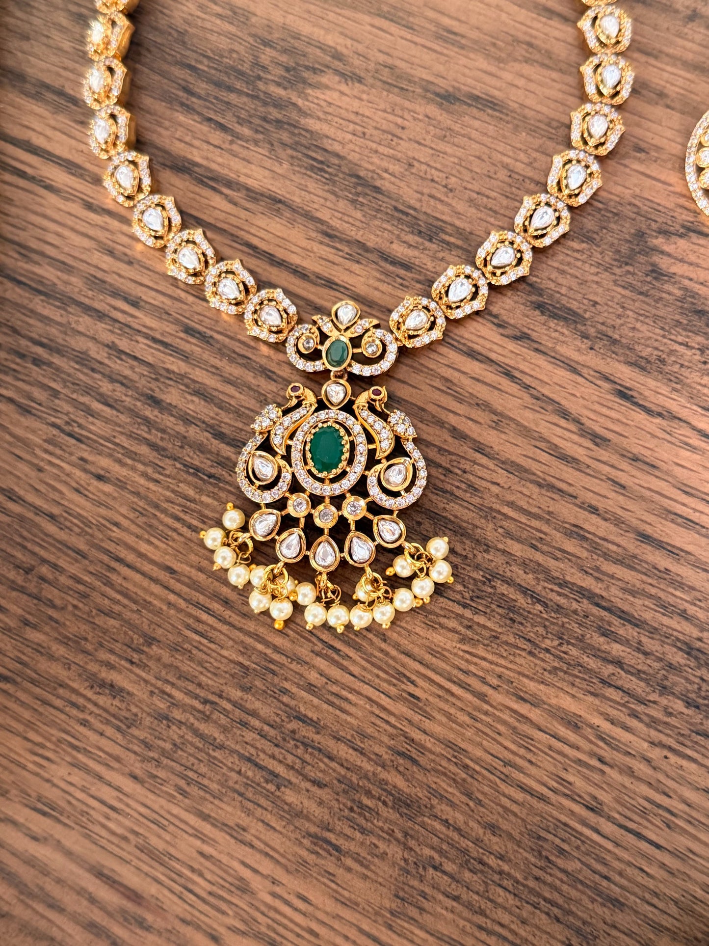 Victorian Peacock Necklace Set with Kundan Stones & Pearl Drops