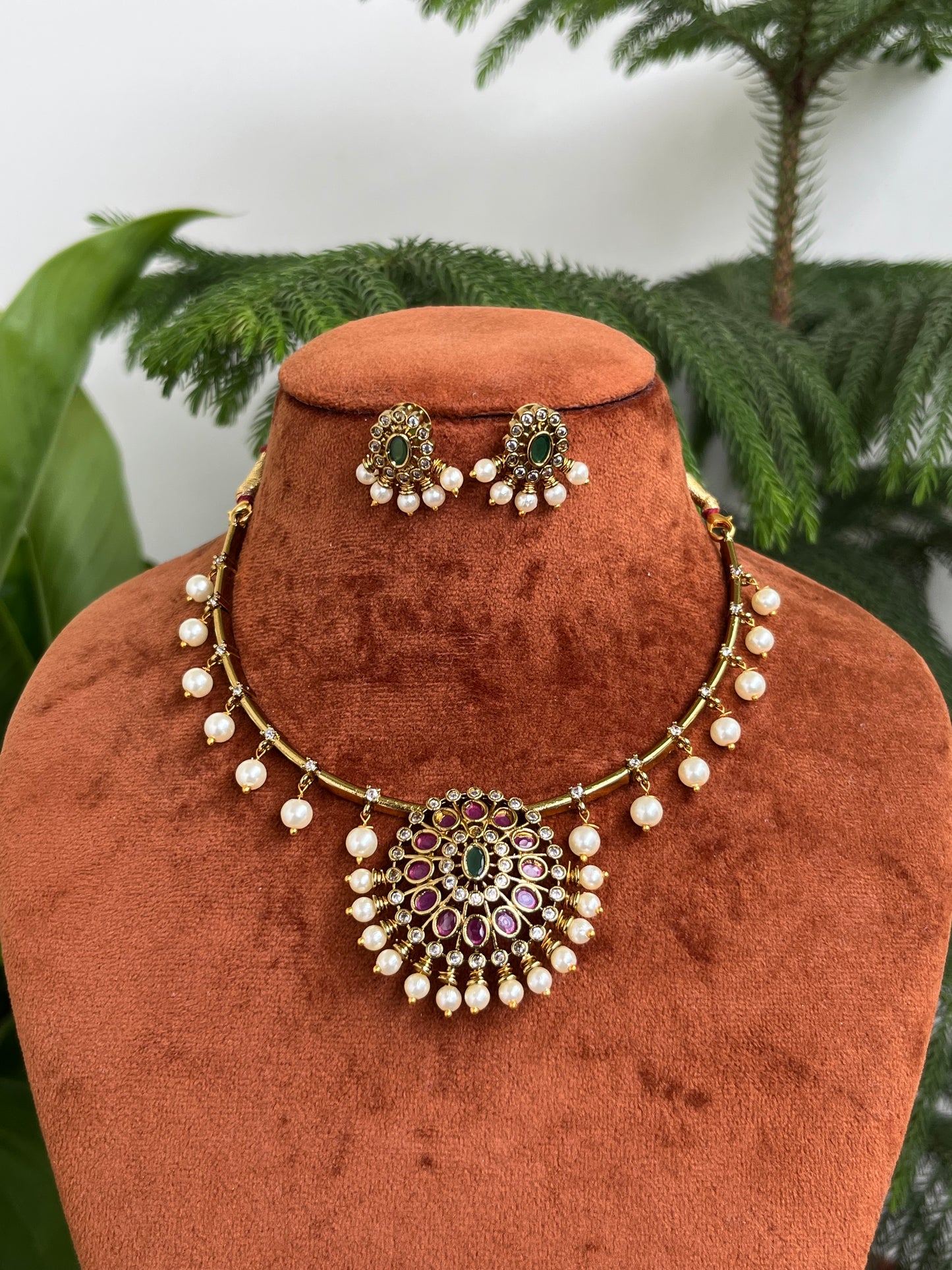 Traditional Kanti Necklace Set with Pearl Drops & Ruby-Green Stones | Antique Gold Finish