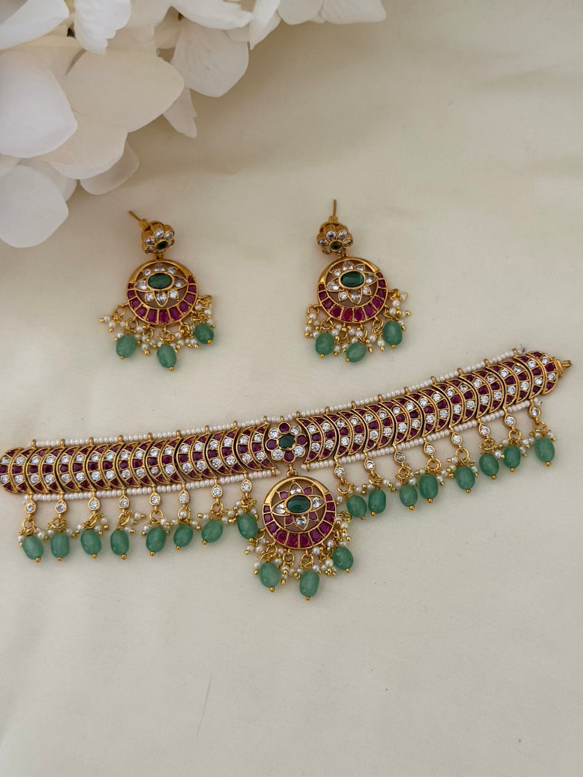 Kemp Crescent Choker Set with Mint Bead Fringe and Chaandbali Earrings