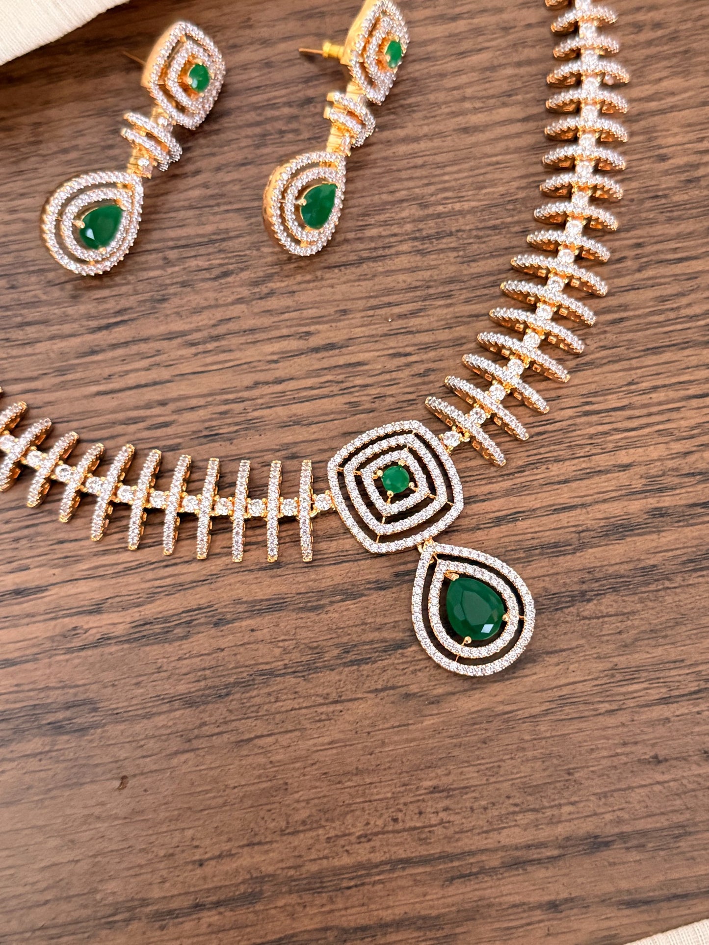 Designer Geometric CZ Diamond Necklace Set with Emerald Accents
