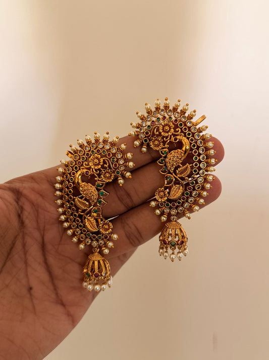 Gold Filigree Ruby Stone Drop Earrings