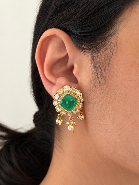 Doublet Emerald Kundan Polki Stud Earrings with Pearl Drops