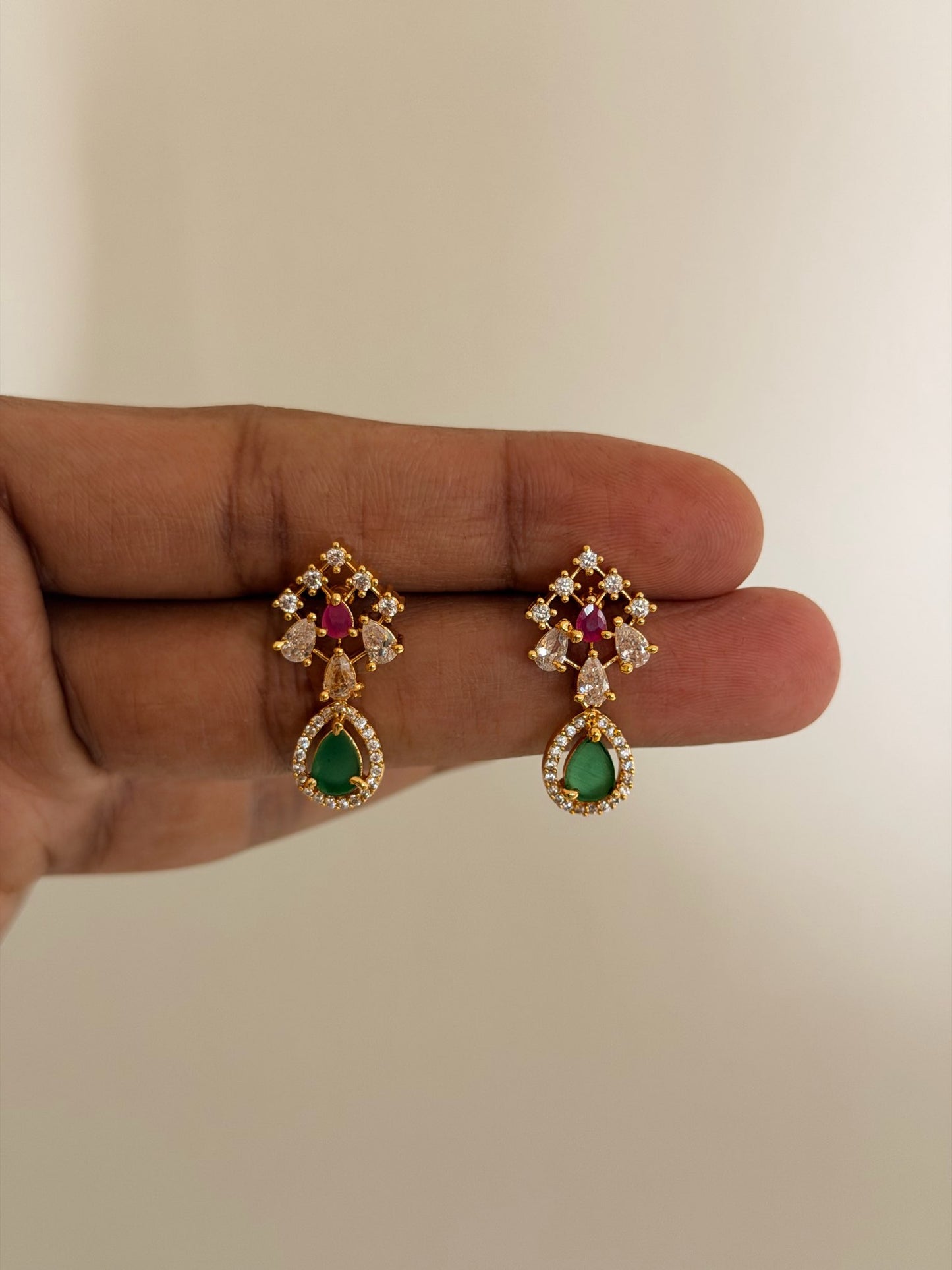 Small Stone Drop Earrings with CZ Detailing (Ruby, Green & Multi)
