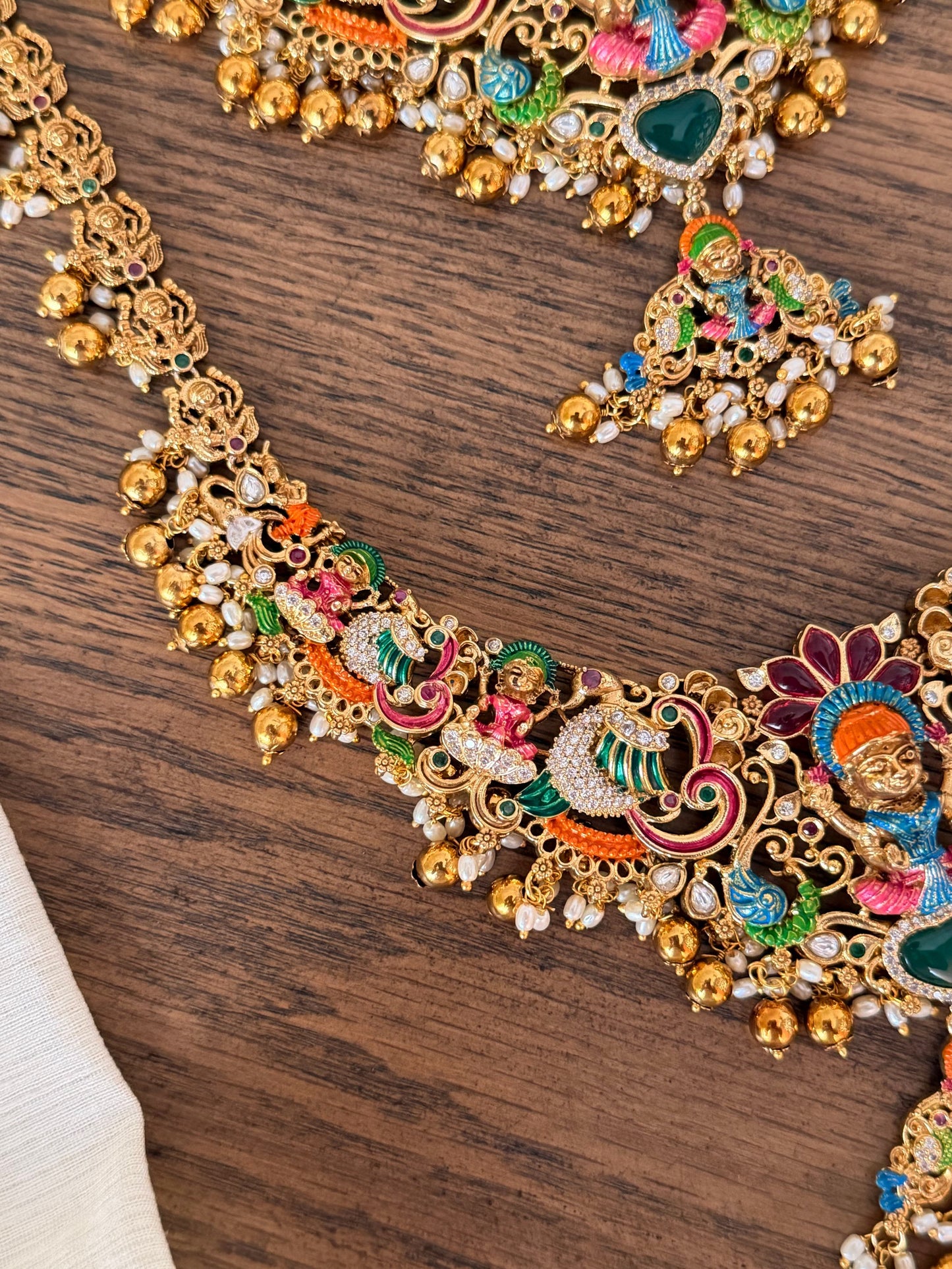 Hand painted Nakshi Temple Jewellery Set with Antique Gold Finish