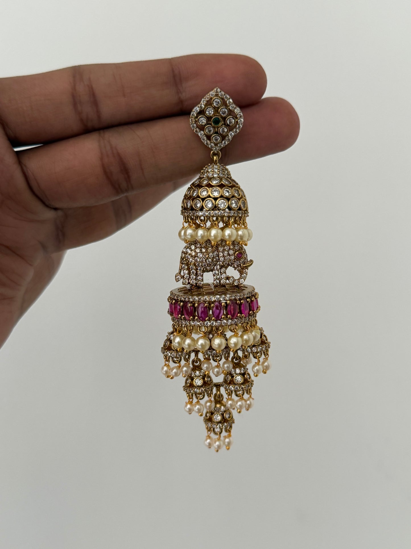 Royal Elephant Multi-Tier Jhumka Earrings – Premium Lightweight Grandeur with Emerald & Pearl Drops