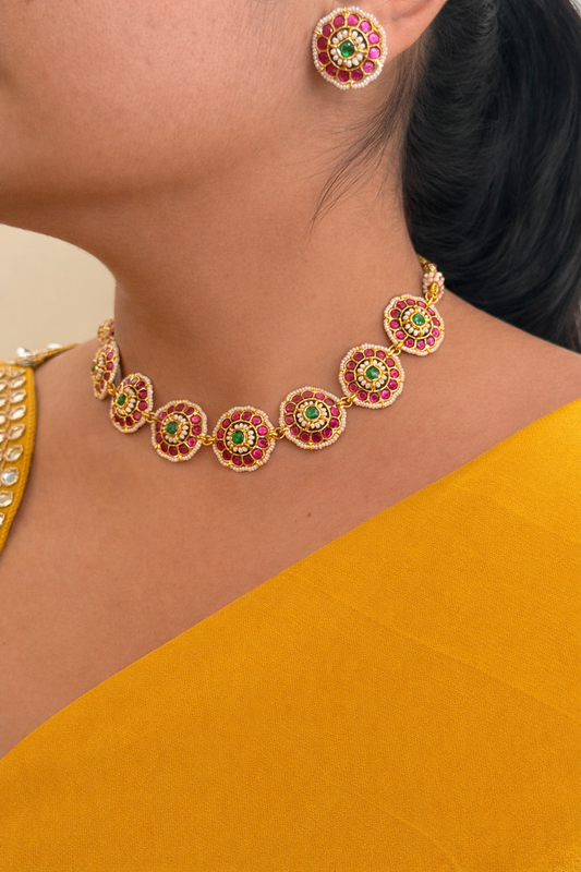 Jadau Kundan Necklace Set with Intricate Micro-Pearl Border & Floral Medallions
