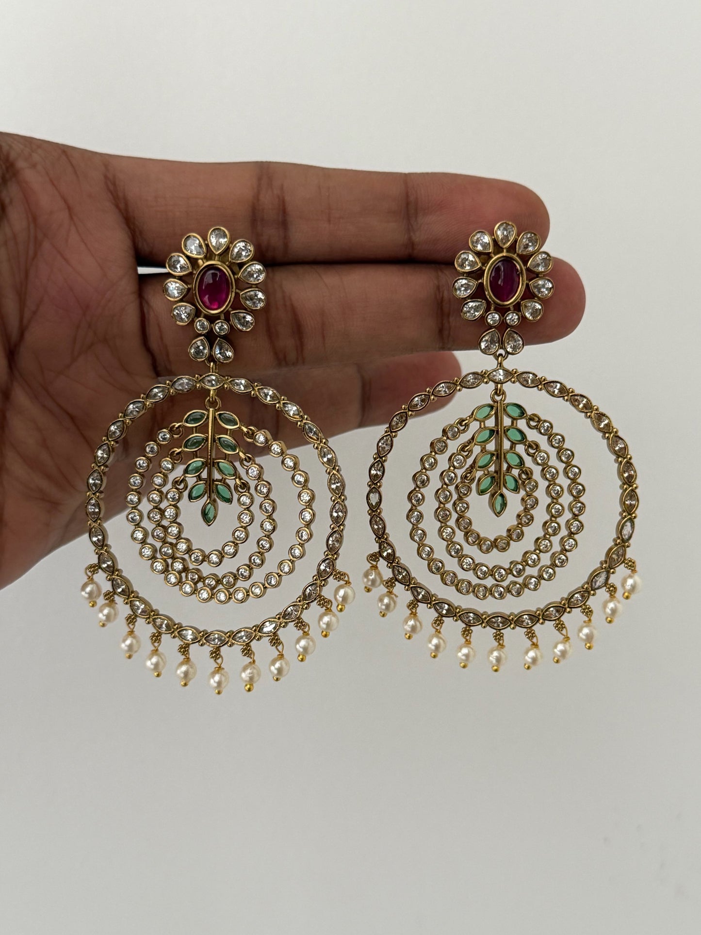 Handcrafted Floral Chandbali Hoops – Premium Lightweight Statement Earrings with Ruby & Emerald Accents