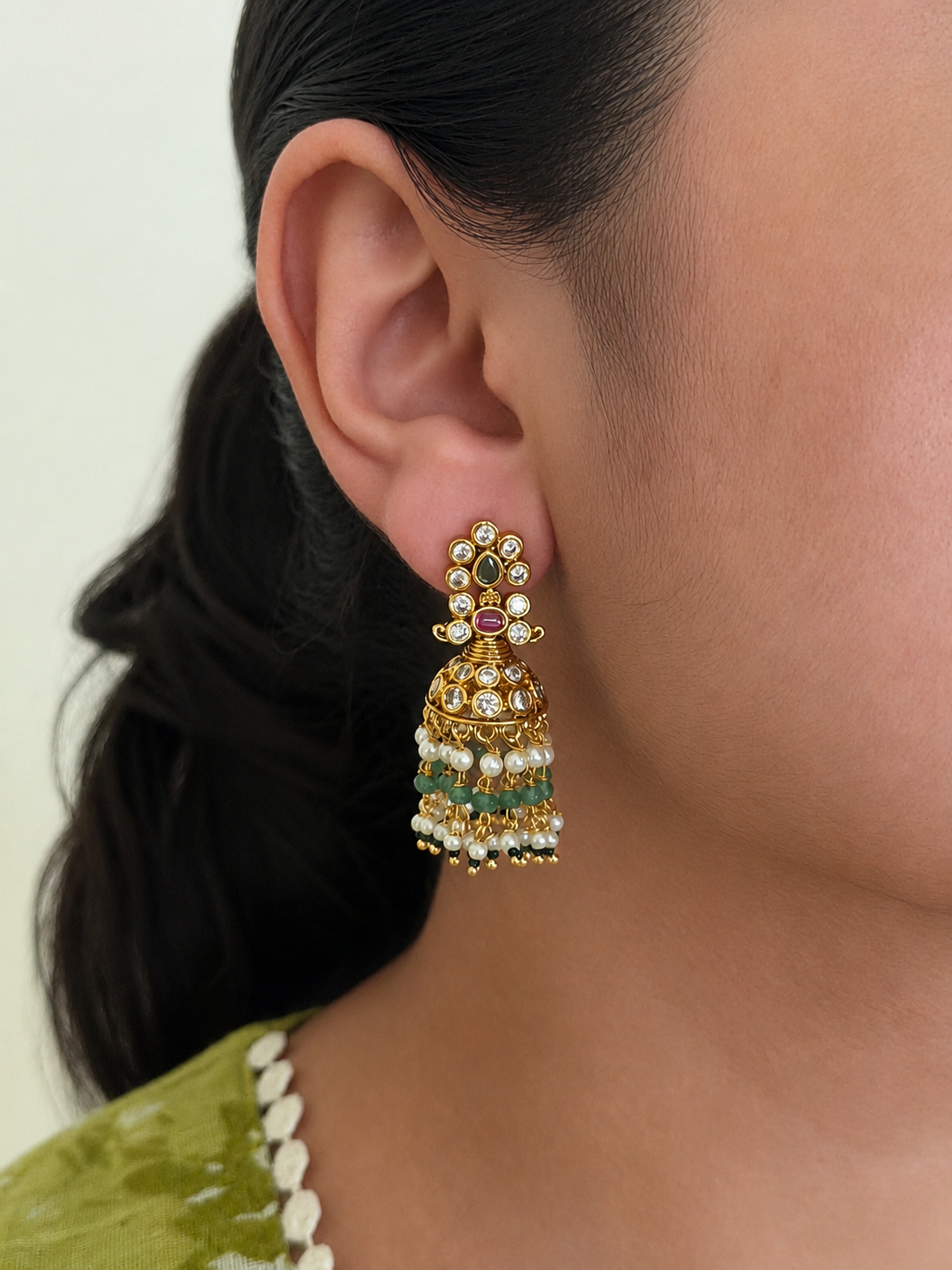 Ruby Green Pearl Studded Jhumka Earrings
