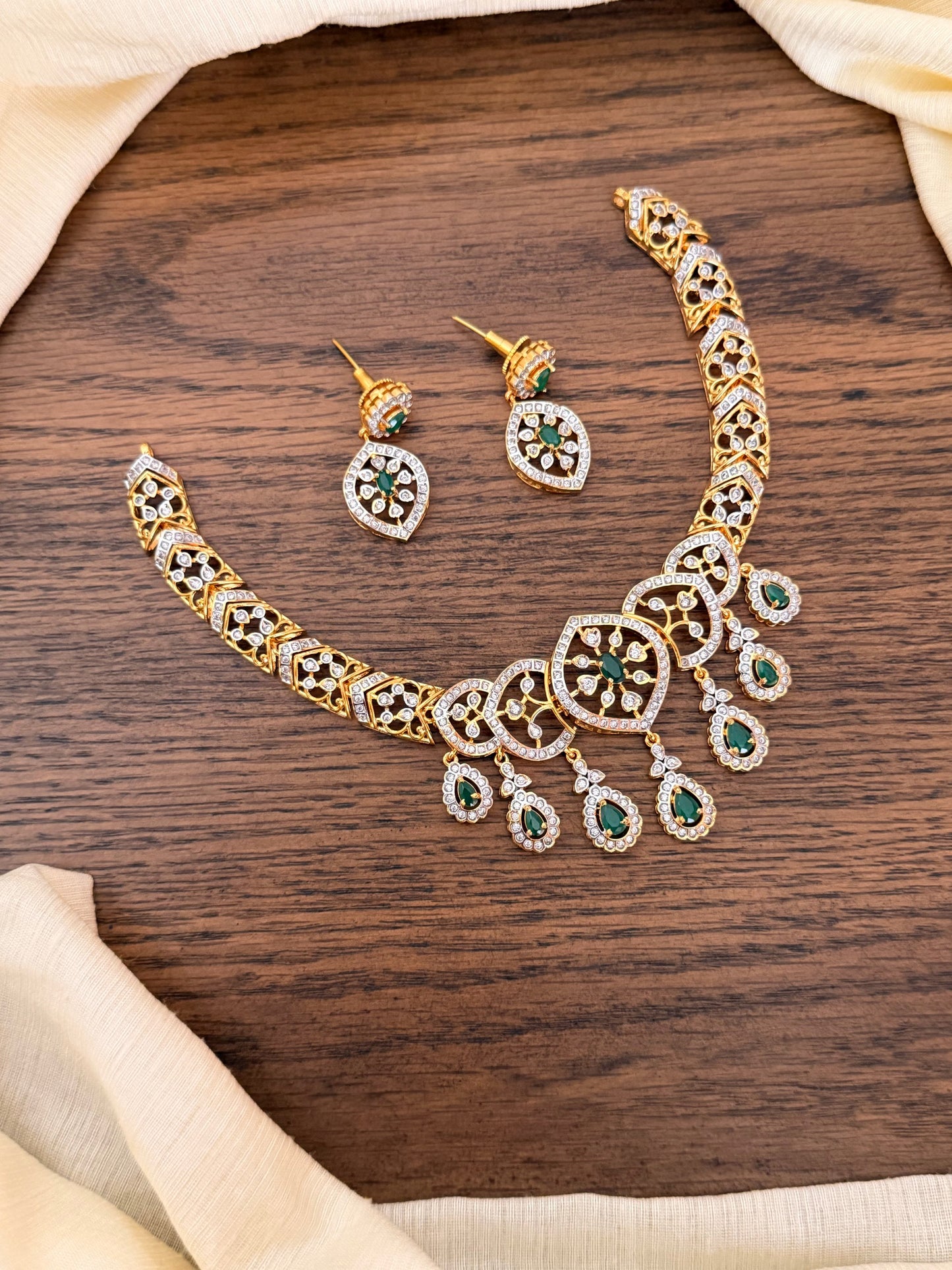 Gold-Finish Emerald Drop Necklace Set with Intricate CZ Filigree