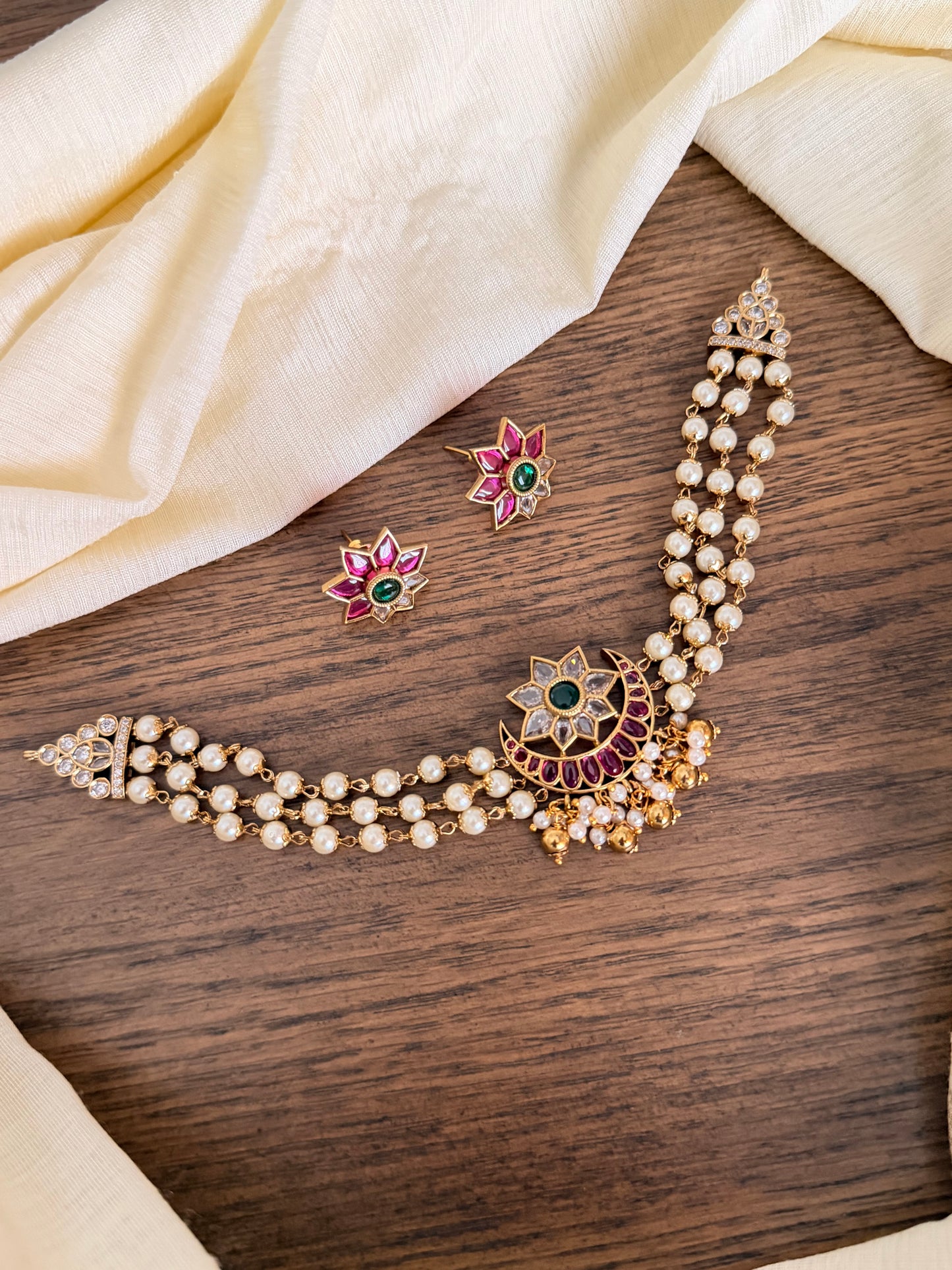 Ruby Green Floral Choker Set with Pearls – Traditional Kundan Necklace & Earrings | MIJ Jewels
