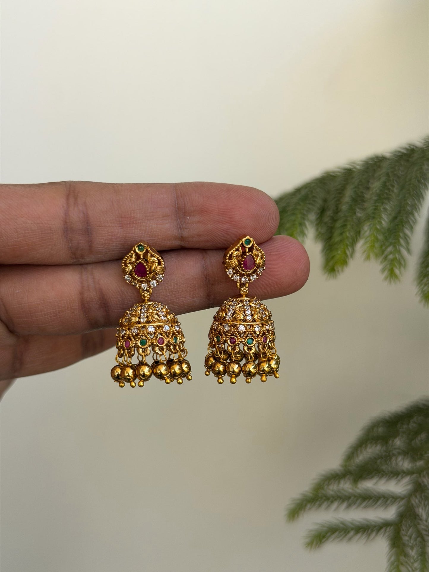Antique Jhumka Earrings with Ruby & Emerald Stones
