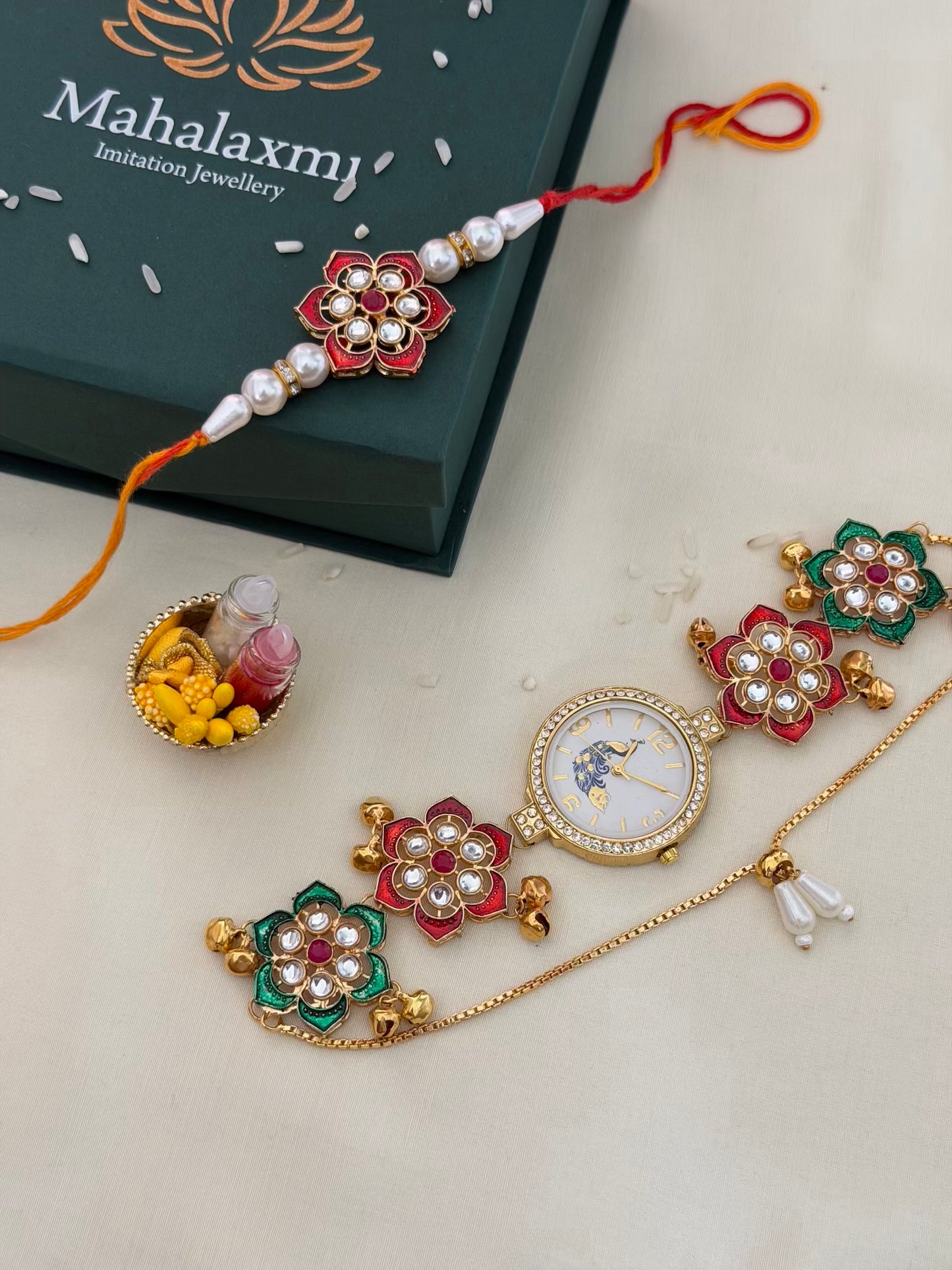 Green Kundan Rakhi & Rhinestone Dial Bracelet Watch Combo