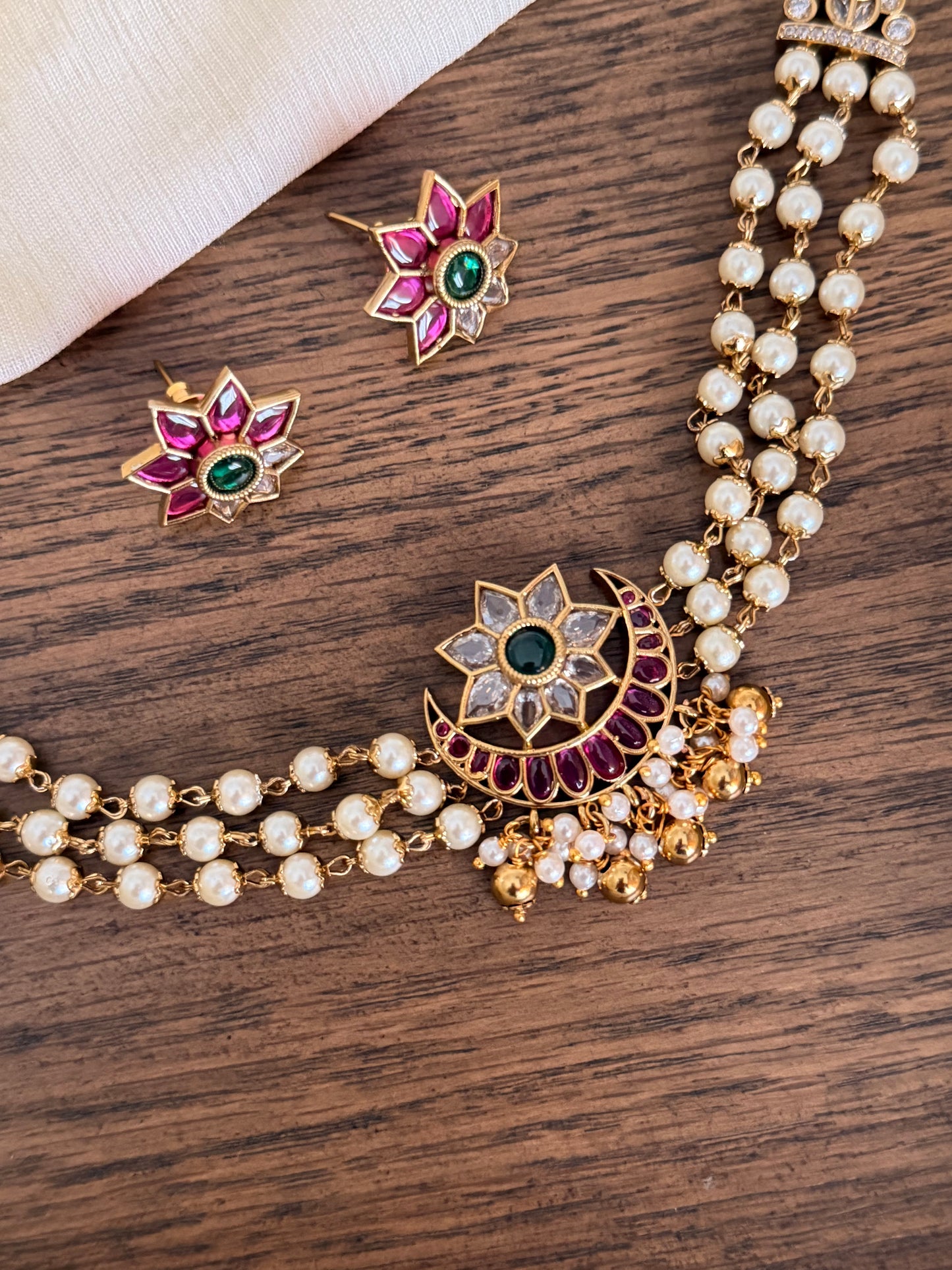 Ruby Green Floral Choker Set with Pearls – Traditional Kundan Necklace & Earrings | MIJ Jewels
