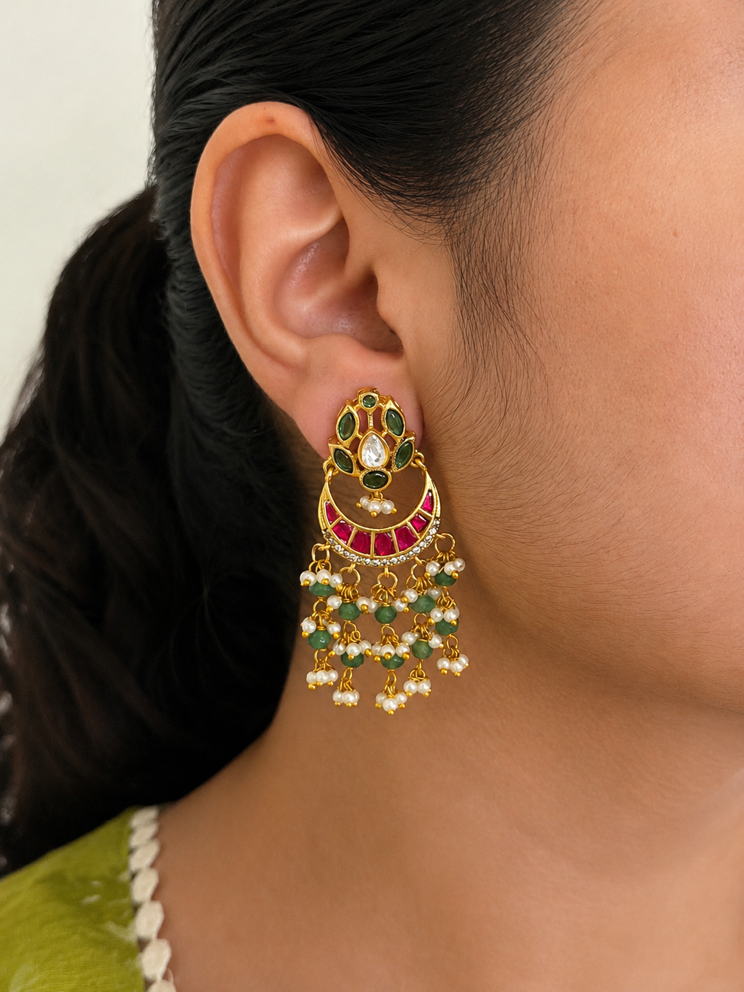 Ruby Green Pearl Jadau Kundan Dangler Earrings