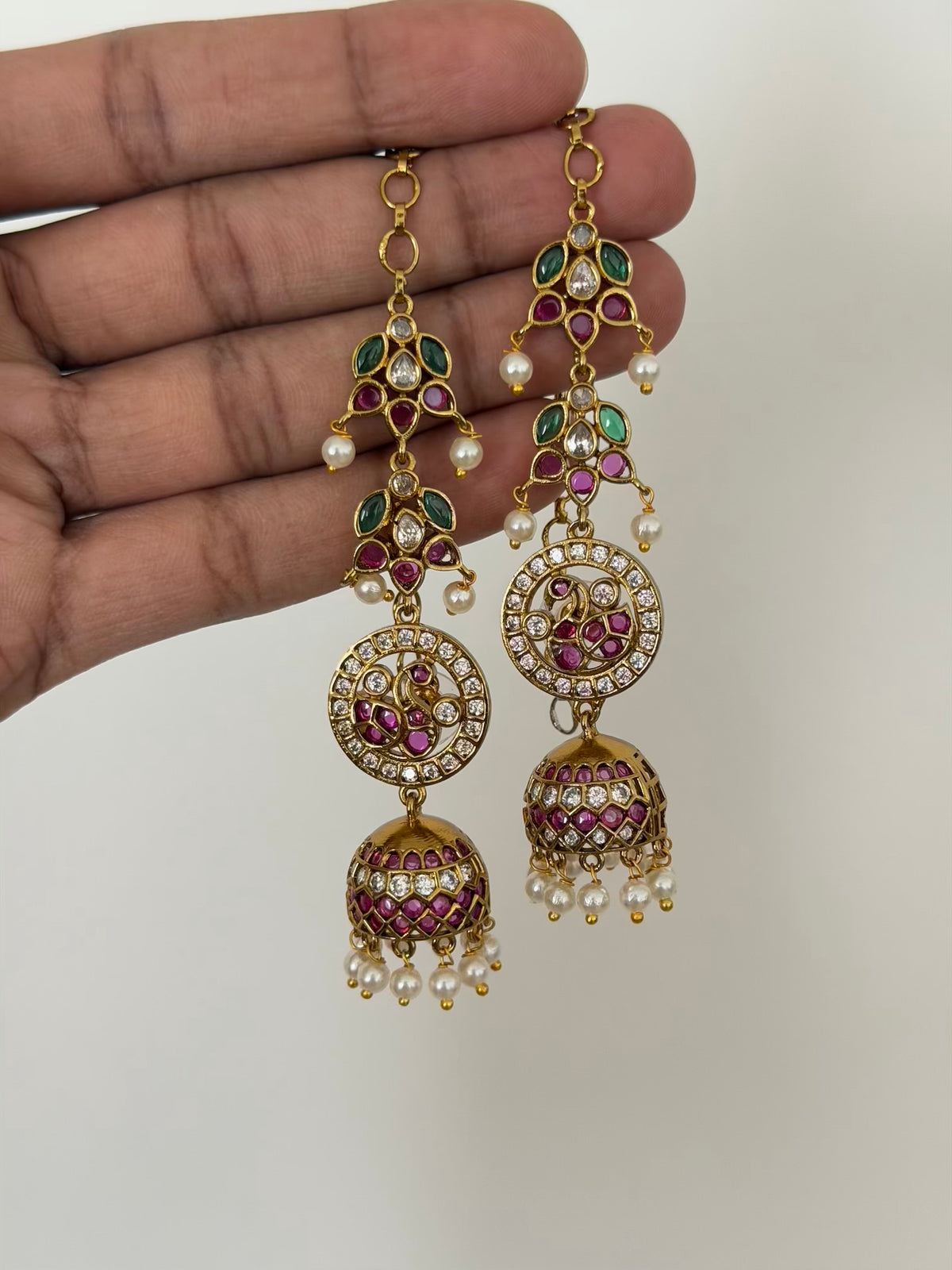 Peacock Disc Jhumka Earrings with Emerald Ruby Leaf Maatal Ear Chain