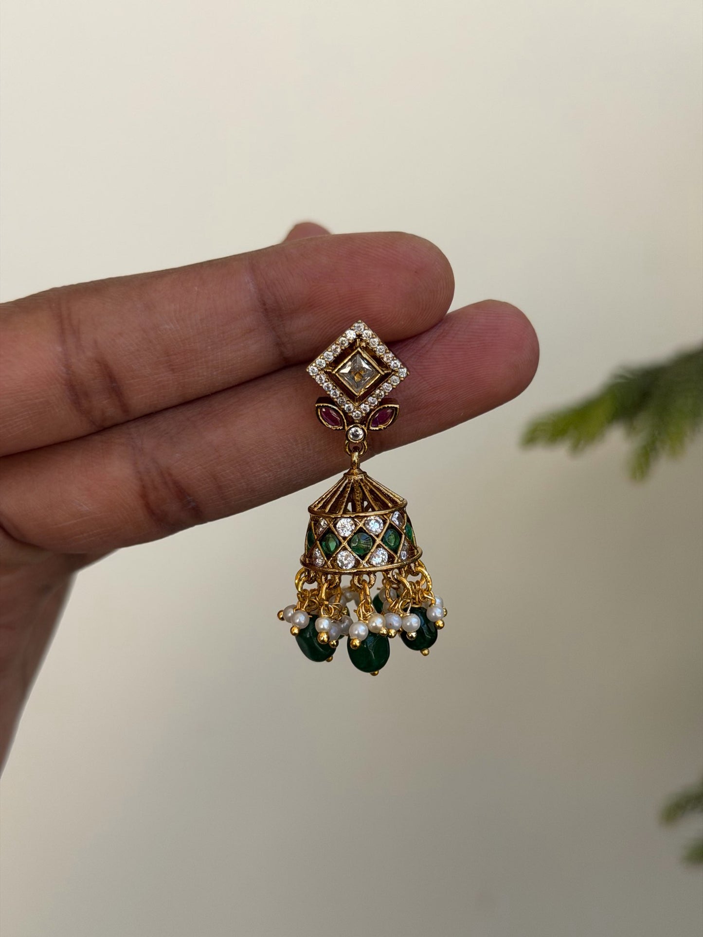 Traditional Beautiful Jhumka Earrings with Ruby & Emerald Accents