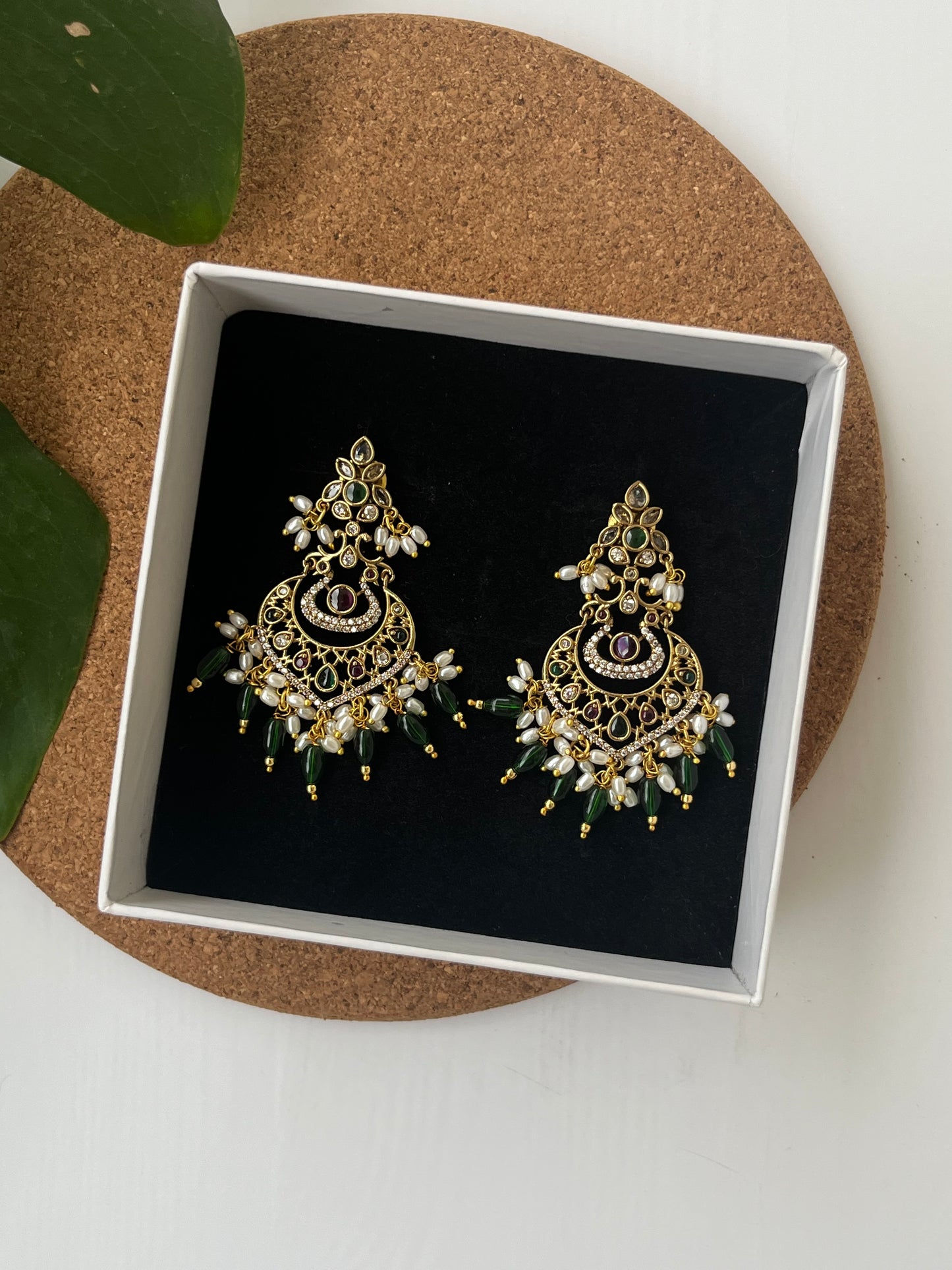 Peacock Chaandbali Earrings with Green Beads