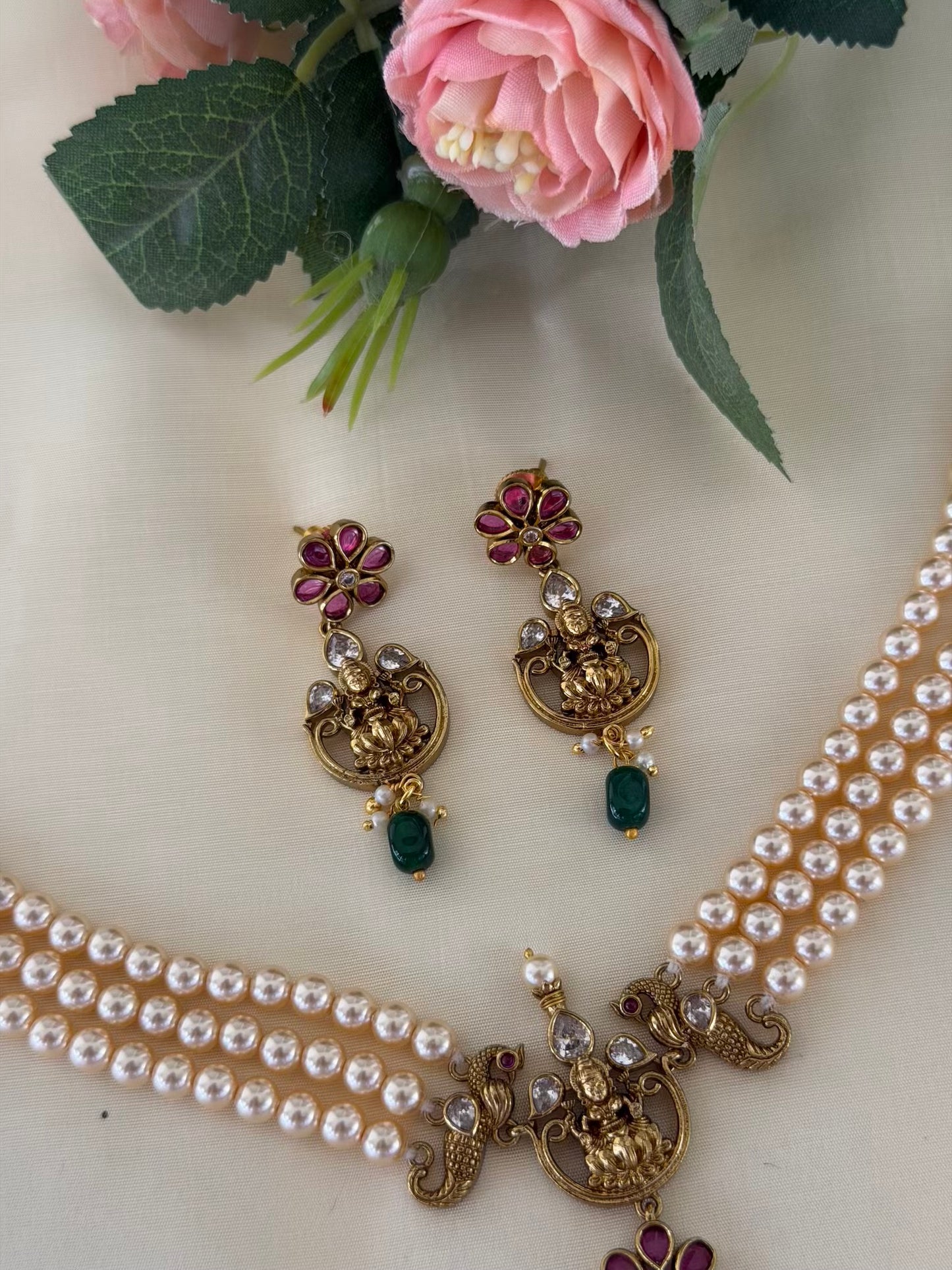 Triple Strand Pearl Peacock Lakshmi Necklace Set with Matching Earrings
