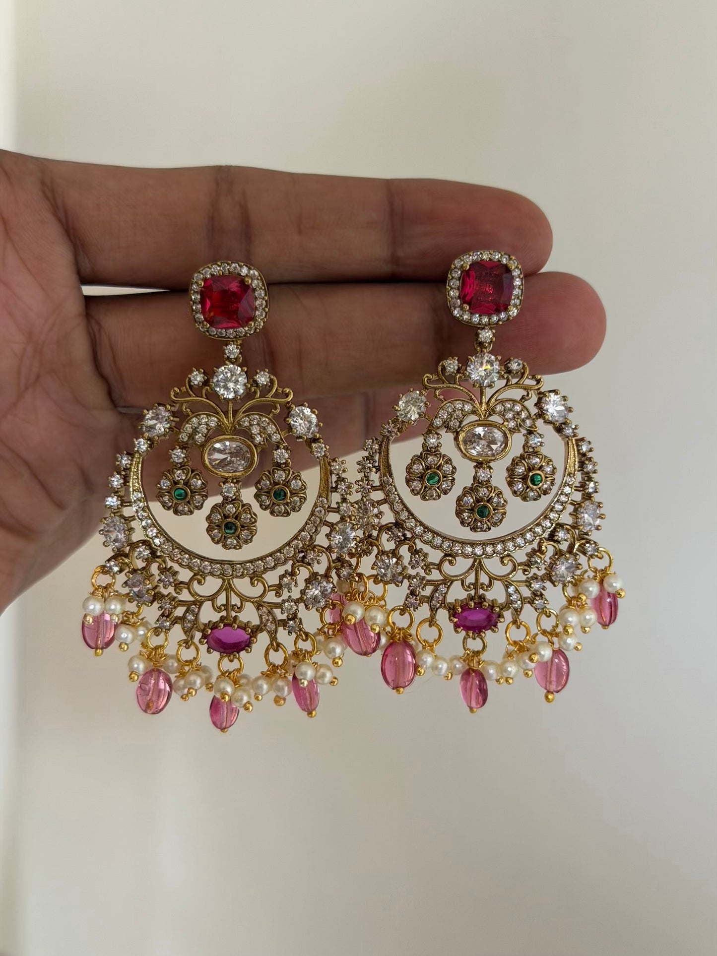 Moissanite Chaandbali Earrings with Pearls & Green Monalisa Beads