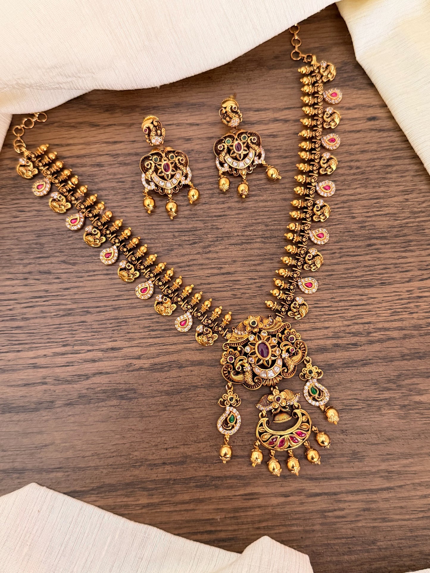 Royal Peacock Nakas Jewelry Set | Handcrafted Antique Gold Floral Necklace with Matching Earrings