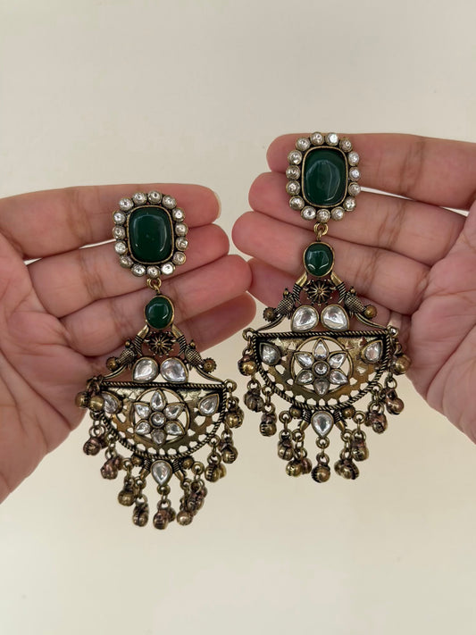 Half-Moon Kundan Star Chaandbali Earrings with Stone Stud and Ghungroo Drops