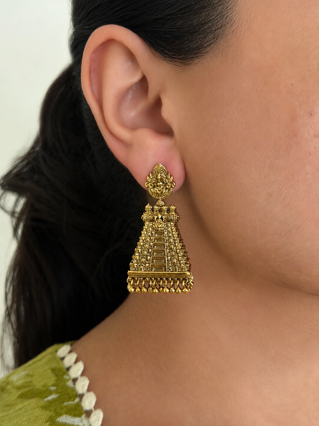 Gold Temple Triangle Jhumka Earrings