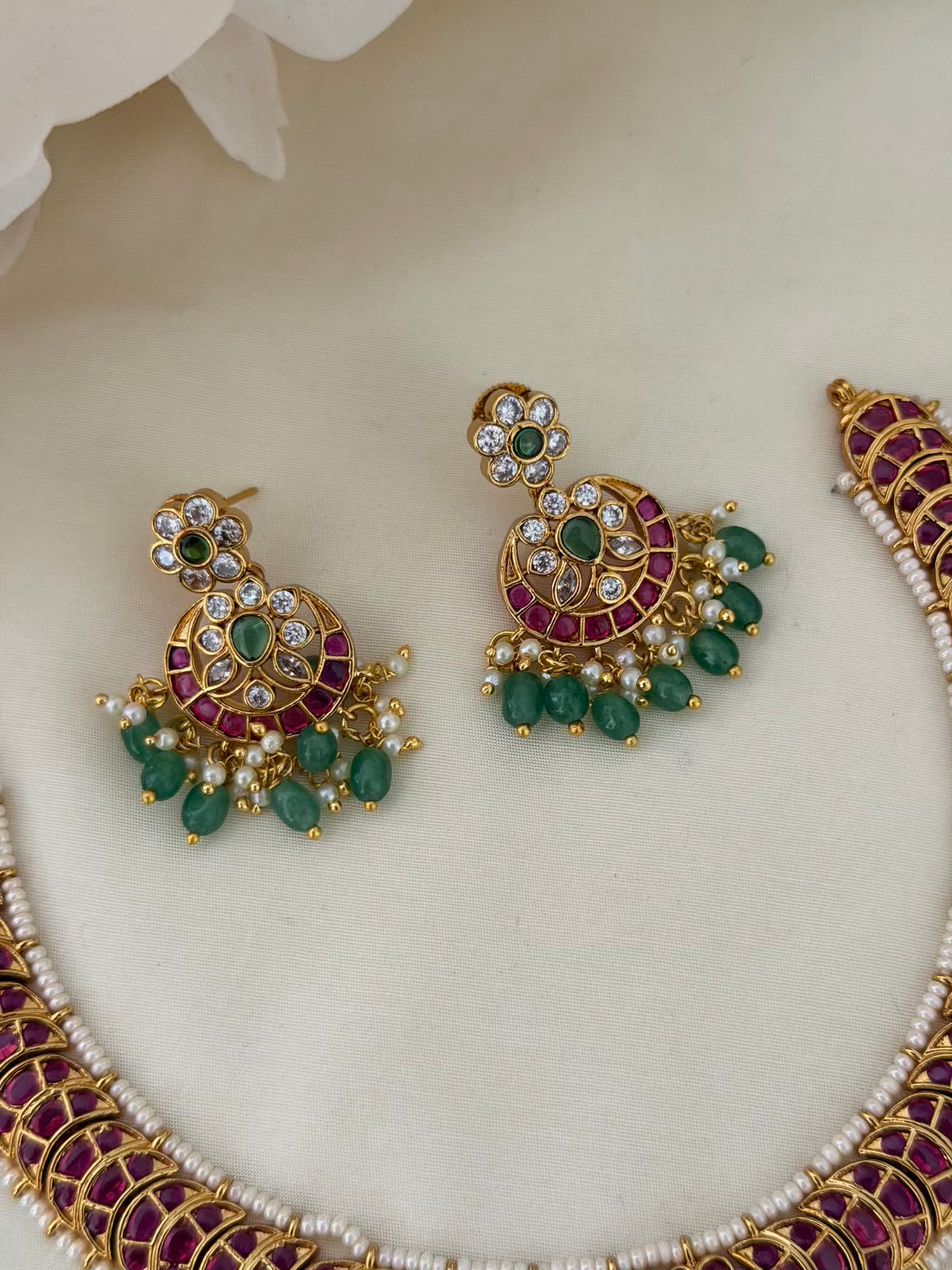 Kemp Crescent Short Necklace Set with Pearl Edge and Chaandbali Pendant