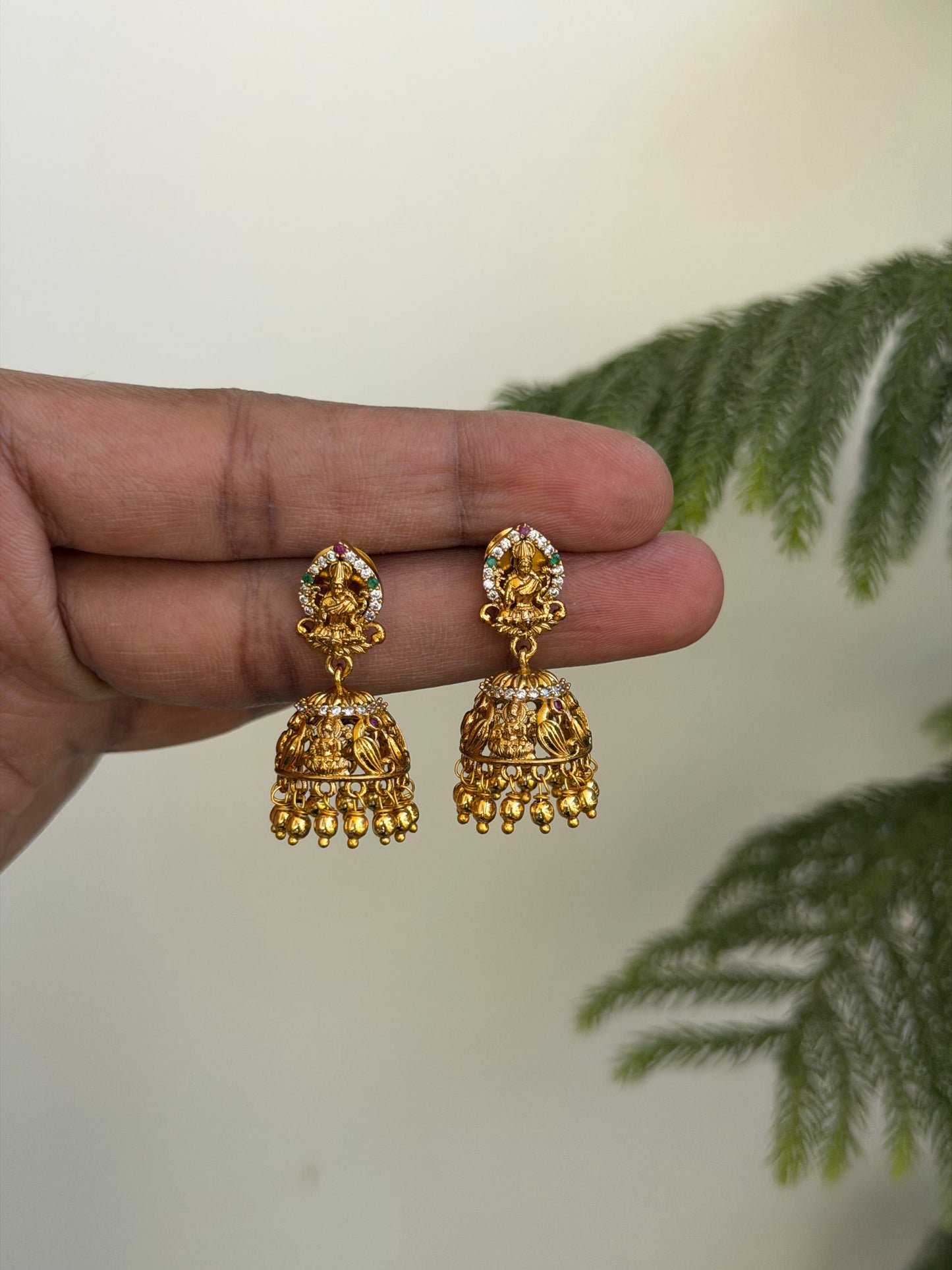 Antique Temple Jewelry Jhumka Earrings with Goddess Lakshmi Motif