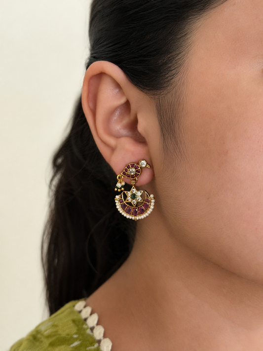 Ruby Green Pearl Parrot Dangler Earrings