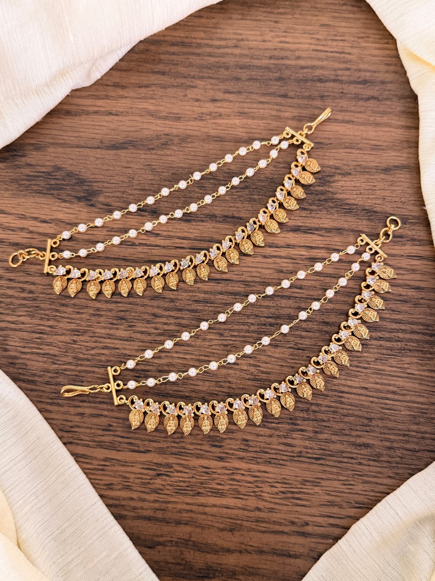 Mango Leaf Lakshmi Devi Ear Chain with Pearls, Ruby & Green Stones