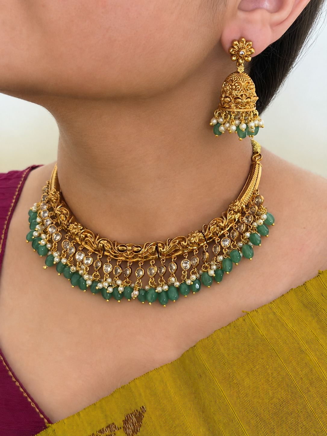 Green Beads Kanti Necklace Set with Jhumka