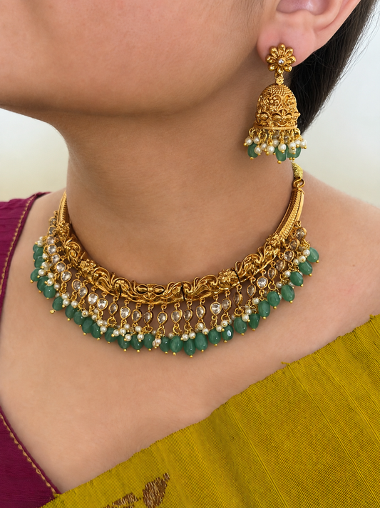 Green Beads Kanti Necklace Set with Jhumka
